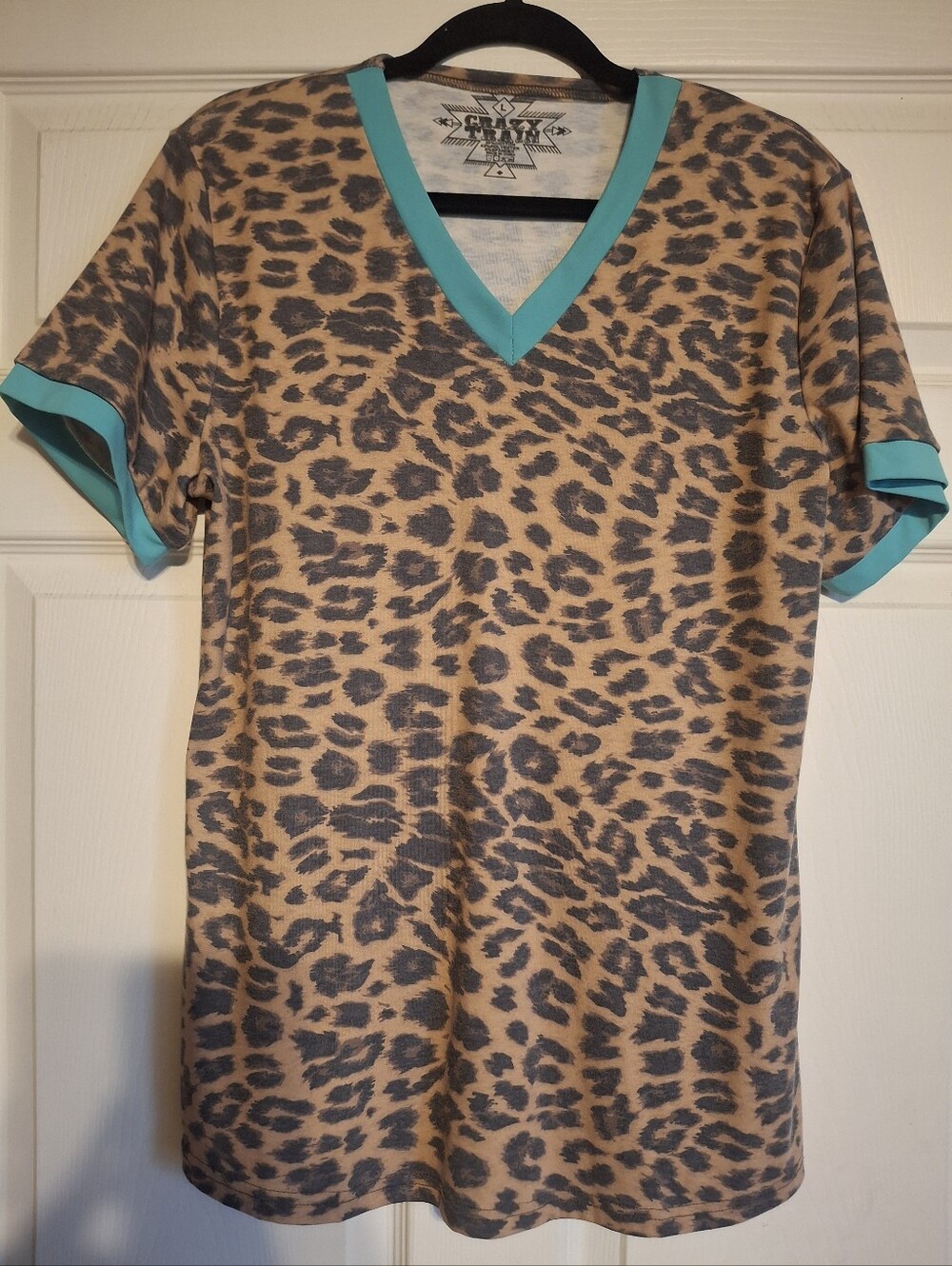 Crazy Train Leopard Print Tee with Teal Trim